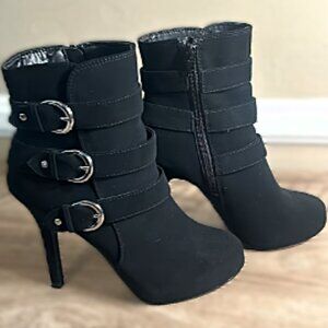 YNot: Black Stiletto Ankle Boots with Buckle Detail